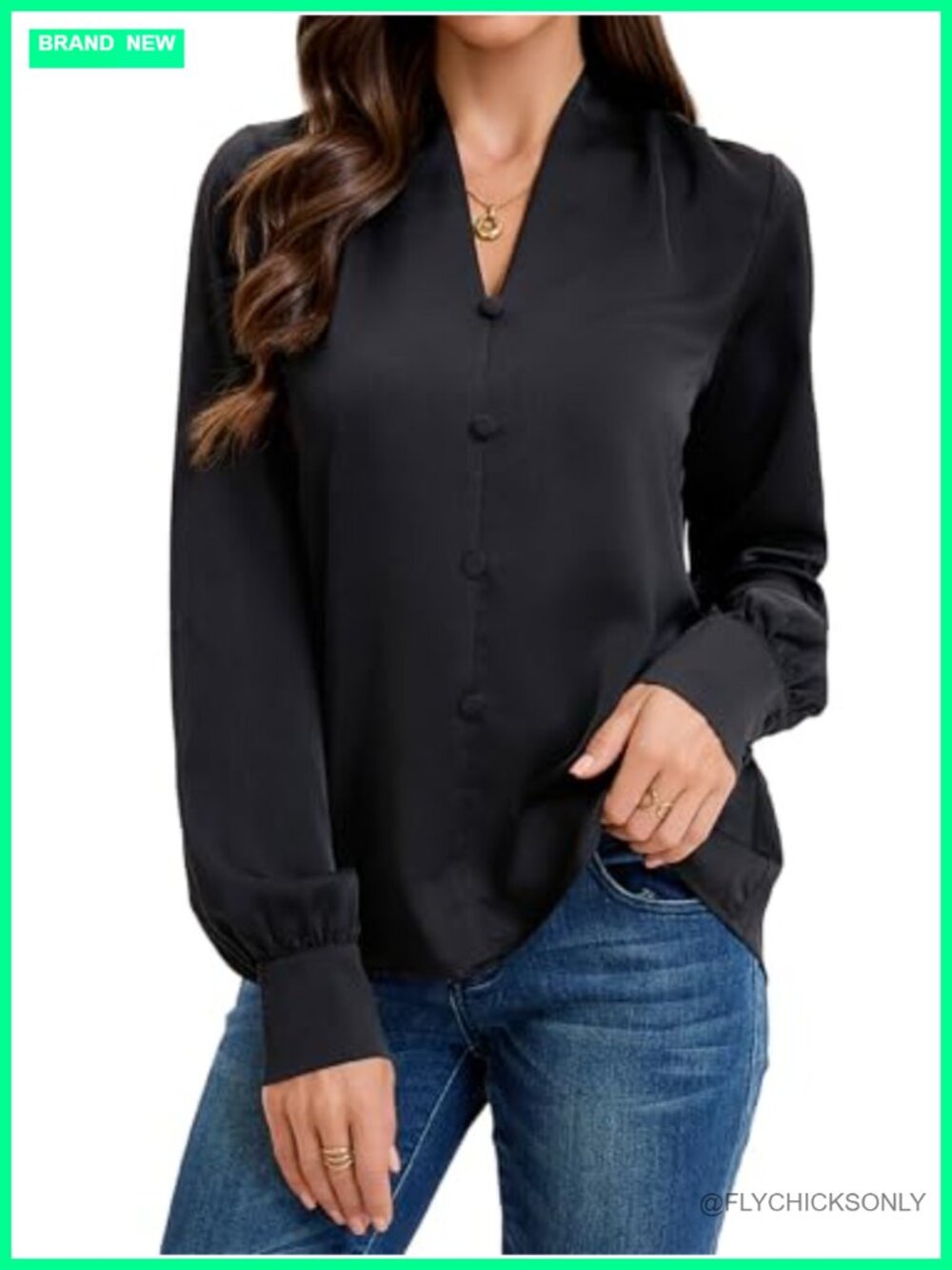 Women's Satin Long Sleeve V-Neck Button Cuff Blouse Business Casual Top